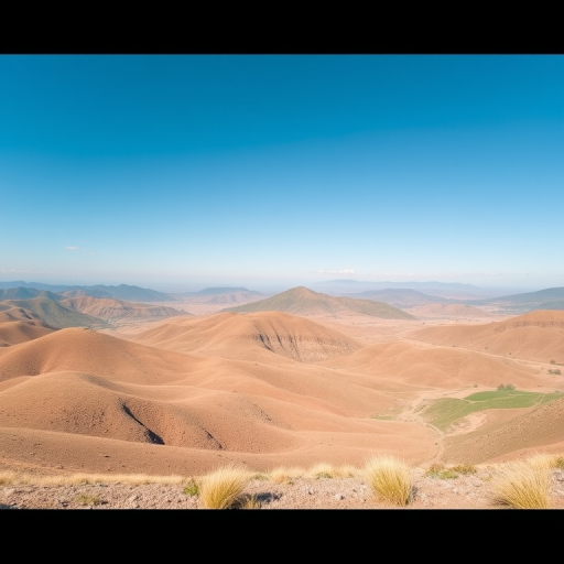Create a high-resolution image of a serene landscape featuring rolling hills and a clear blue sky, captured with a Canon EOS R5, 24mm f/1.4 lens, ISO 100, 1/200 sec shutter speed, in a wide-angle view for enhanced depth and clarity.