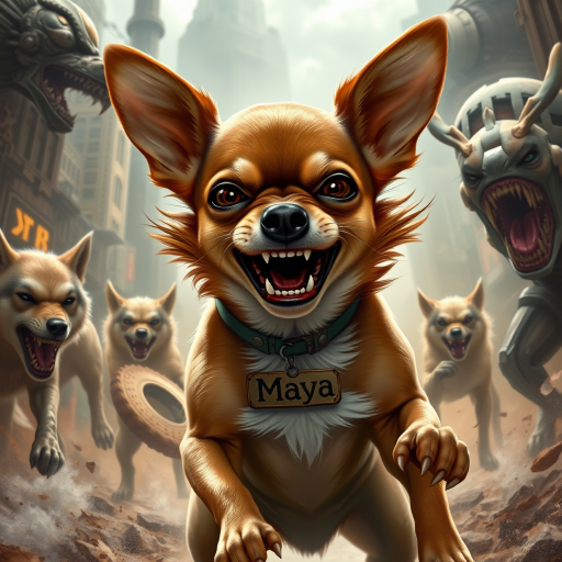 "Create a highly detailed and realistic image of a short-haired Chihuahua named Maya in an extremely fierce and enraged warrior pose. She is battling a pack of wolves and an alien creature, fighting for her life and the life of her owner. The Chihuahua should have a wild and aggressive appearance, with bared teeth and fierce eyes, showcasing her determination despite the overwhelming odds. She should have a distinct white patch on her chest, while the rest of her fur should be brown. A large tag with the name 'Maya' should be prominently displayed around her neck. The background should feature a sci-fi and steampunk style, filled with futuristic mechanical elements and Victorian technology, blending an urban landscape with fantastical details such as gears and steam."