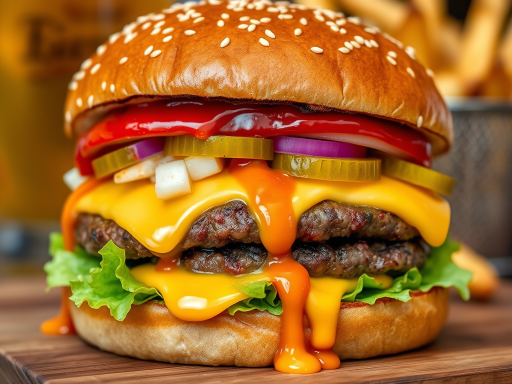 High-resolution, close-up image of a gourmet double cheeseburger. The burger features a glossy, sesame-seed-topped brioche bun. Inside, there are two thick, juicy beef patties, each topped with melted cheddar cheese. The burger is garnished with fresh lettuce, tomato slices, diced onions, and pickles. A generous amount of ketchup and a creamy, orange-colored sauce is dripping down the sides, adding to the mouth-watering appeal. In the background, there are blurred elements including a side of golden French fries and a hint of a beverage, enhancing the overall presentation of a delicious meal.