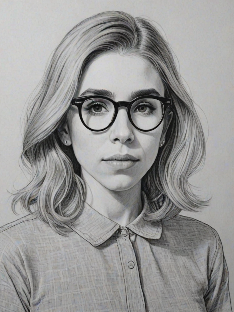 Bewitching Zosia Mamet, pencil sketch, portrait of Dazzling woman 1966s in glasses, hair style beatnik, outline, clear lines, fine lines, 8k
