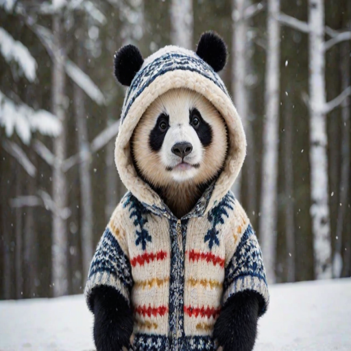 The image is a high-resolution photograph of a angry loook panda named Huahua, depicted enjoying a leisurely vacation in Finland. Huahua has her distinctive black and white fur, and she is dressed in cozy winter attire, including a snug parka, woolen mittens, and a knit hat with a pom-pom on top. The outfit is detailed with bright colors and patterns, adding to the festive, holiday feel.