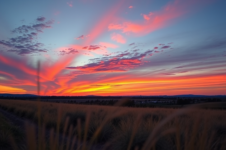 Create a high-resolution image of a serene landscape at sunset with vibrant colors in the sky, using a Canon EOS R5 with a 24-70mm f/2.8 lens, ISO 200, aperture f/8, shutter speed 1/125 sec, captured from a low angle view for depth and perspective.