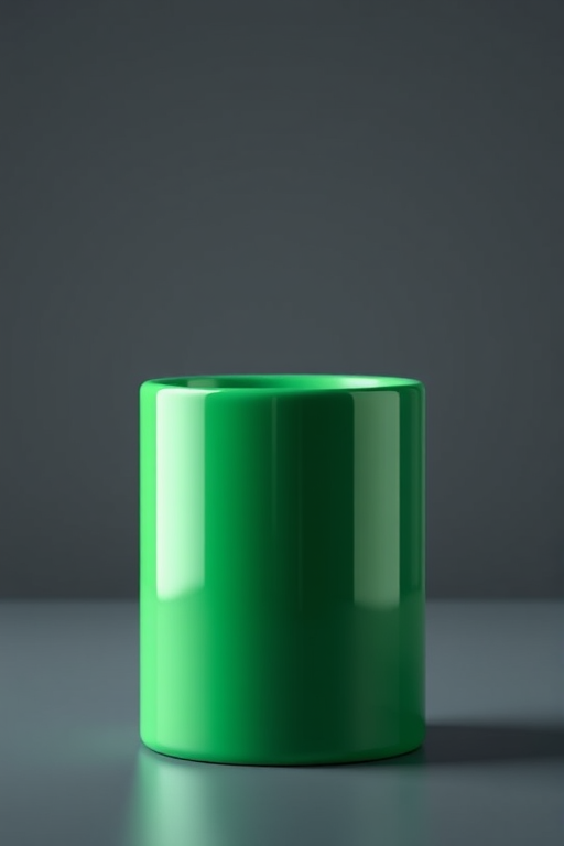 Create a 3D rendering of a smooth cylinder with a glossy green surface, shot in a well-lit studio environment using a DSLR camera at f/8, ISO 100, 50mm lens, with a shallow depth of field for a soft background blur.