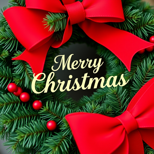 Create a vibrant Christmas wreath with a red bow, featuring the text "Merry Christmas" in a bold, elegant font, shot with a DSLR camera, 50mm lens, f/2.8 aperture, ISO 100, natural lighting, close-up view for sharp details.