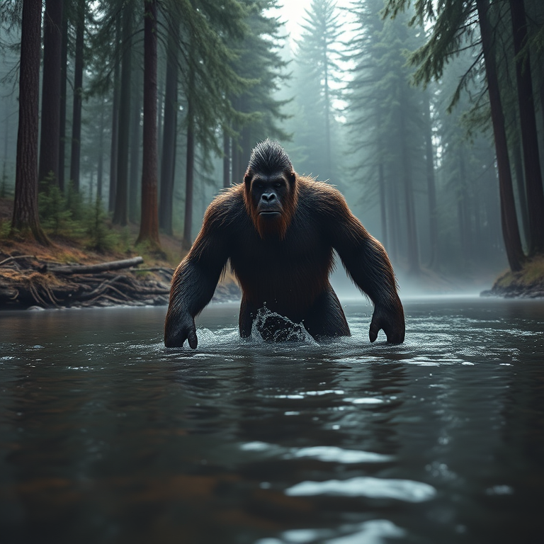A large, realistic Bigfoot emerging from a serene forest river, surrounded by tall pine trees and mist, captured with a Canon EOS R5, 50mm lens, f/1.8 aperture, ISO 100, soft natural light for enhanced detail and warmth.