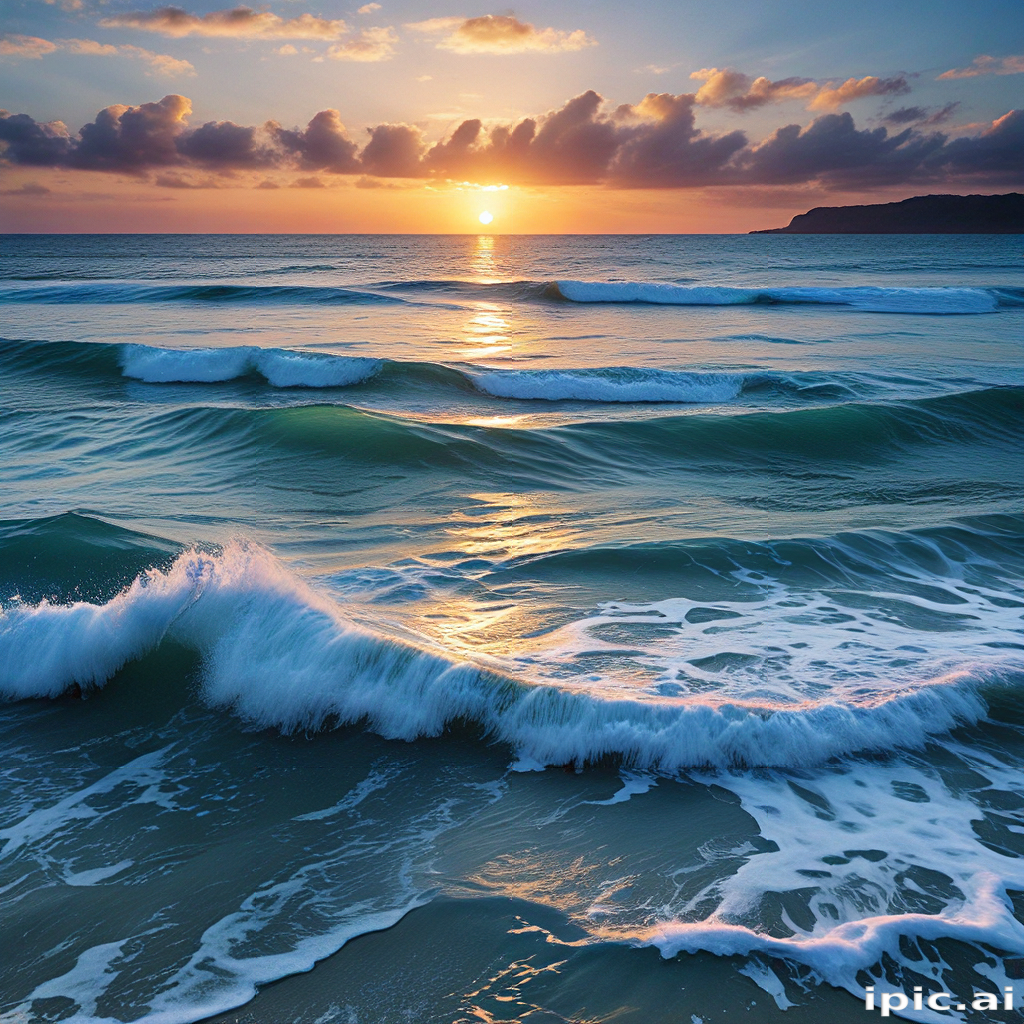 Serene Sunset Over Waves with Golden Reflections on Calm Ocean