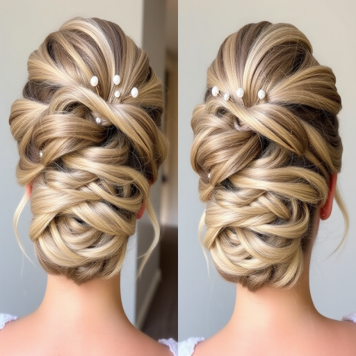 Elegant ash blonde updo known as "Moonlit Sonata" features a complex system of twists and knots, accented with delicate pearl pins and wispy, face-framing tendrils