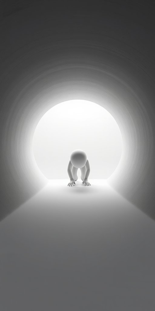 A minimalist 3D rendering of a white figure crawling into a large gray cylindrical tunnel, soft shadows, high contrast lighting, f/8 aperture, 1/125 sec shutter speed, ISO 200, wide-angle lens, front view, studio lighting setup.