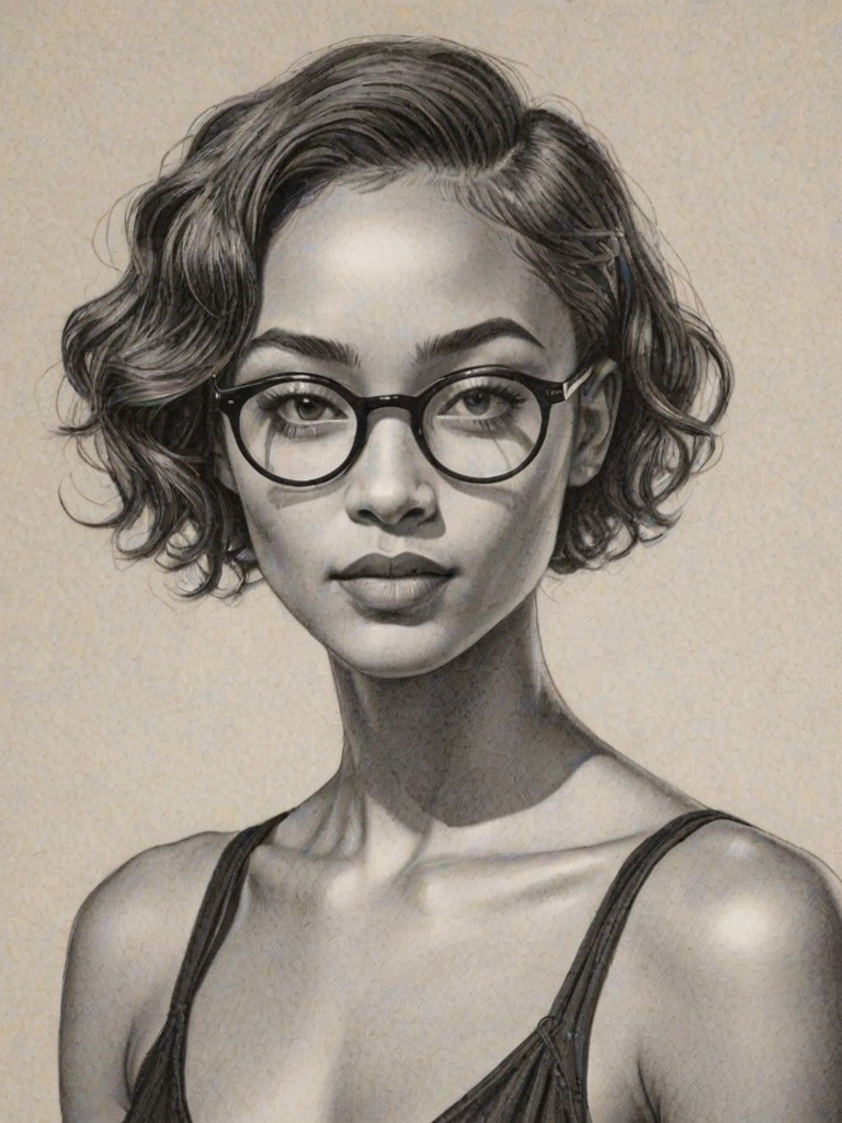 Fetching Tati Gabrielle, pencil sketch, portrait of Appealing woman 1928s in glasses, hair style beatnik, outline, clear lines, fine lines, 8k