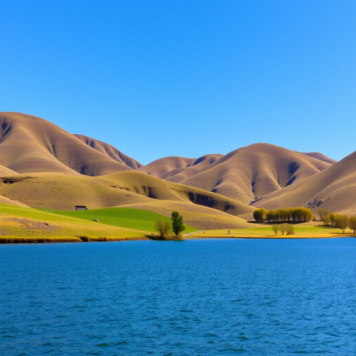 Generate a high-resolution image of a serene landscape featuring rolling hills, a clear blue sky, and a calm lake in the foreground, captured with a DSLR camera at f/8 aperture, ISO 100, with a wide-angle lens at 24mm, using natural daylight and HDR settings for enhanced detail.