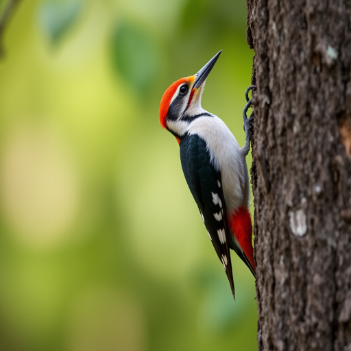 Capture a sharp image of a vibrant woodpecker perched on a tree trunk with distinct details, using a Canon EOS 90D, 200mm lens, aperture f/4, shutter speed 1/500s, ISO 400, natural lighting, and a slight angle to enhance depth and interest in the composition.