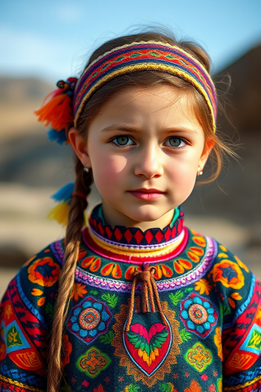 A beautiful Afghan girl, wearing colorful bird clothing with vibrant colors