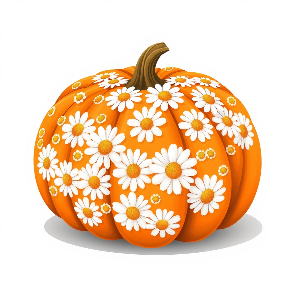a whimsical orange pumpkin with white daises pattern covering the pumpkin. Solid white background sublimation vector 3000dpi 32k