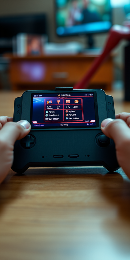 create a high-resolution image of a handheld gaming device with two detachable controllers, backlit screen displaying an interactive menu, camera settings ISO 100, aperture f/2.8, shutter speed 1/60s, view from a 45-degree angle, using a DSLR camera in macro mode for enhanced detail.