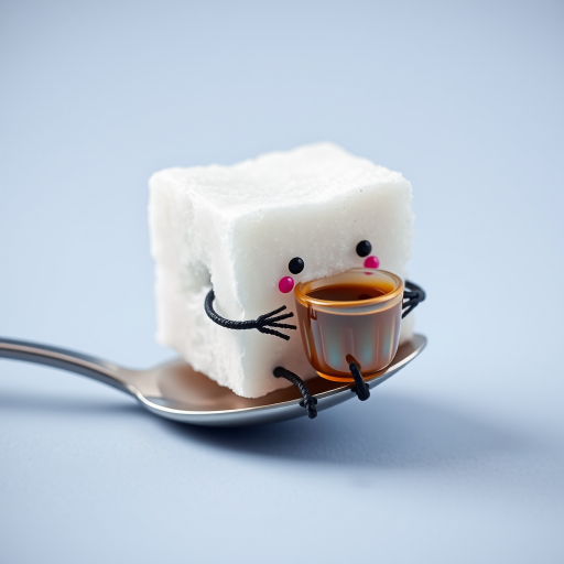 A sugar cube with a face and legs, sitting on a spoon and sipping a tiny cup of coffee.
