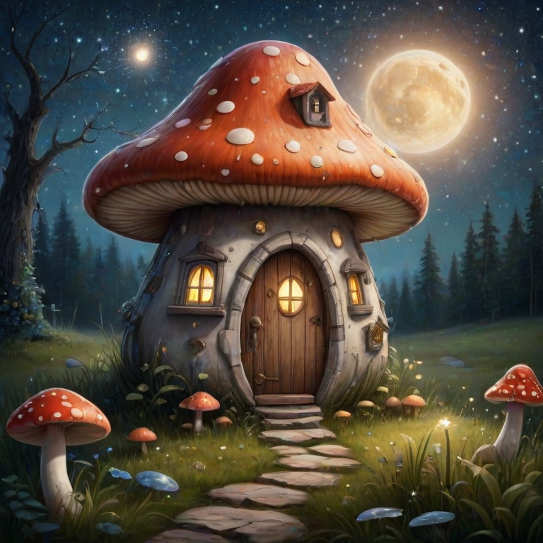 this picture is illustration of a mushroom house with a door and a window, a storybook , fantasy art, mushroom house, bg starry sky, sparkles