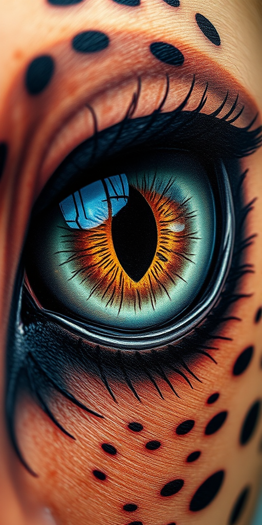 Realistic animal eye tattoo with incredibly detailed iris patterns and reflection, capturing the depth and intensity of a wild creature's gaze in stunning photorealistic style