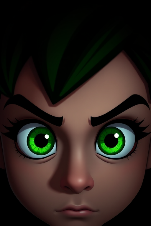Create an image of intense green cartoon eyes with a dark background, using a DSLR camera, focal length of 50mm, aperture set to f/1.8, ISO 200, shallow depth of field, and soft lighting to enhance the features and create a dramatic effect.