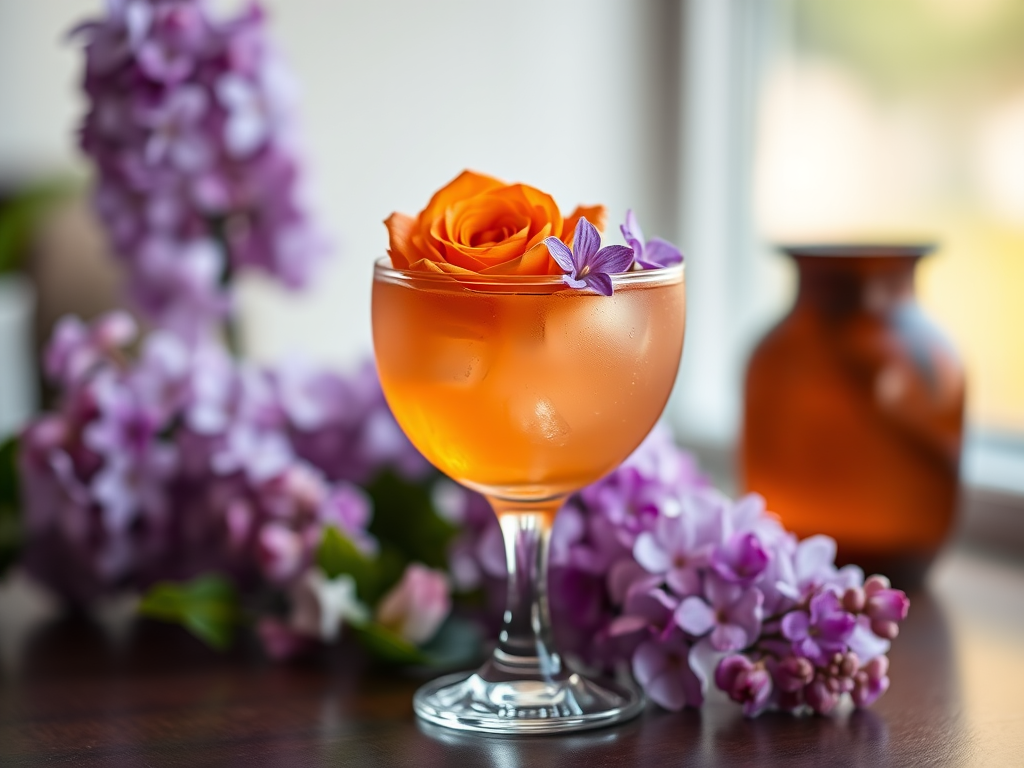 A beautifully crafted cocktail garnished with an orange rose and lilac flowers, captured in natural light using a DSLR camera with a 50mm f/1.8 lens at ISO 100, f/2.8 aperture, and a shutter speed of 1/125 sec, with a blurred background to enhance focus on the glass and flowers.