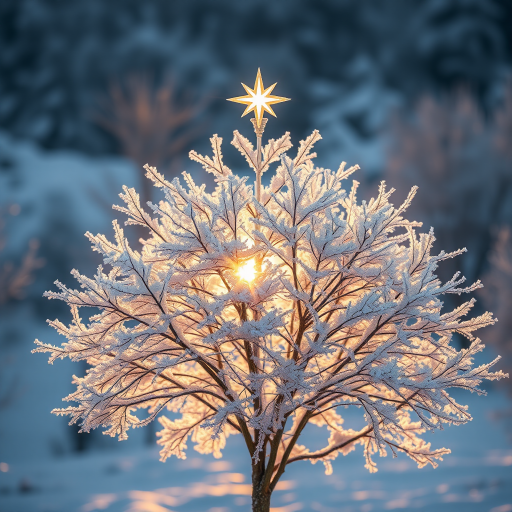 Create a high-resolution winter scene featuring a frosty tree with a star on top, soft sunlight filtering through the branches, captured with a Canon EOS 5D Mark IV, 50mm lens, f/1.8 aperture, ISO 100, in the golden hour light, with a focus on detailed textures of the snow and tree.