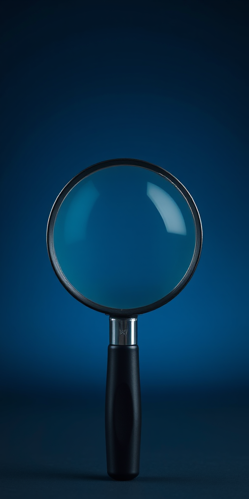 create a high-resolution image of a magnifying glass with a sleek black handle and a glossy glass lens, captured in a well-lit studio environment using a DSLR camera at f/2.8 aperture, ISO 100, 50mm lens, front view, with soft focus background for depth.