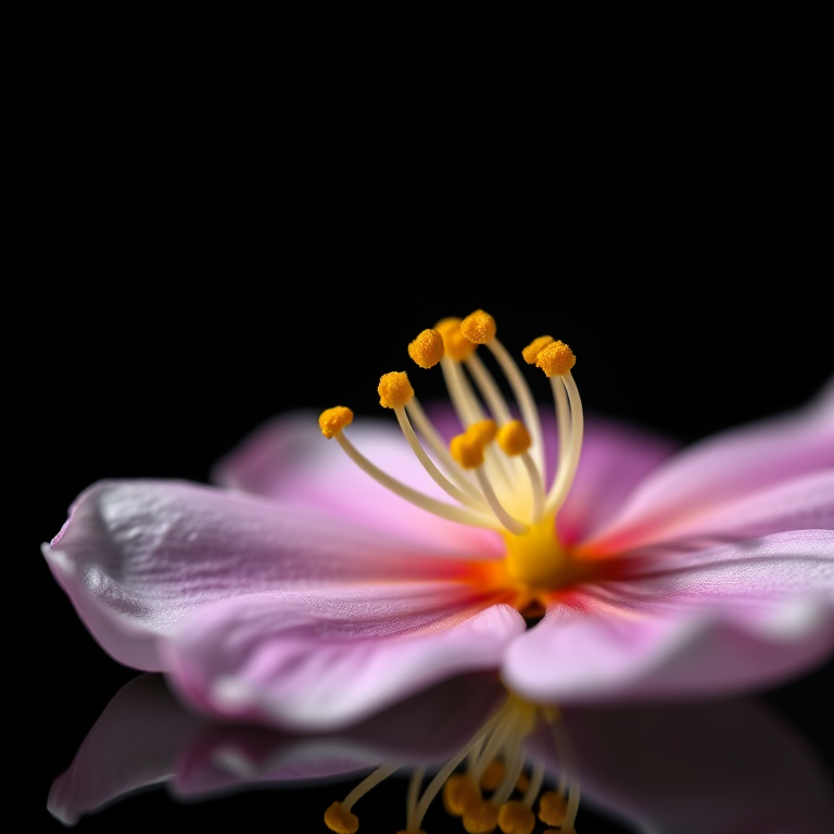 a close-up shot of a delicate flower petal with yellow stamens on a reflective black surface, focus on the petal details, aperture f/2.8, shutter speed 1/100s, ISO 100, macro lens, DSLR camera with soft diffused lighting