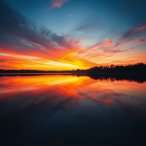 Generate a high-resolution image of a tranquil sunset over a calm lake with vibrant colors, using a Canon EOS R5, f/8 aperture, ISO 100, 1/200 shutter speed, captured from a low angle perspective to emphasize reflections on the water, in a landscape photography style.