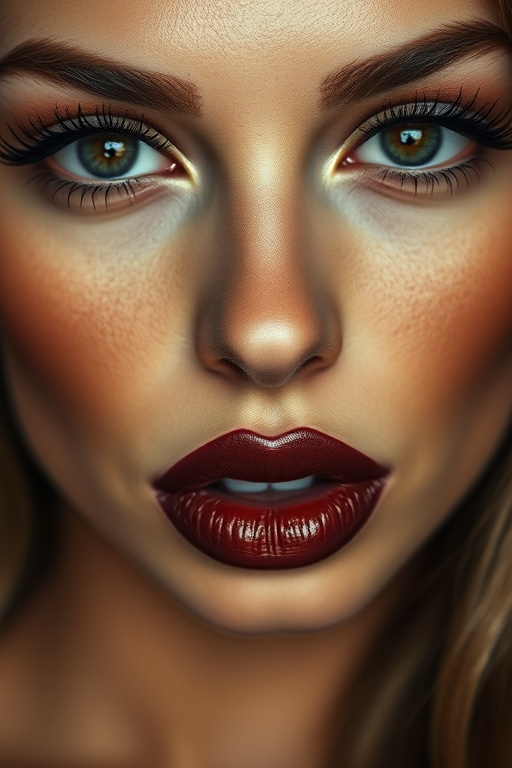 Sensual woman lips coated in rich chocolate brown satin lipstick, full face portrait emphasizing sultry gaze and captivating features