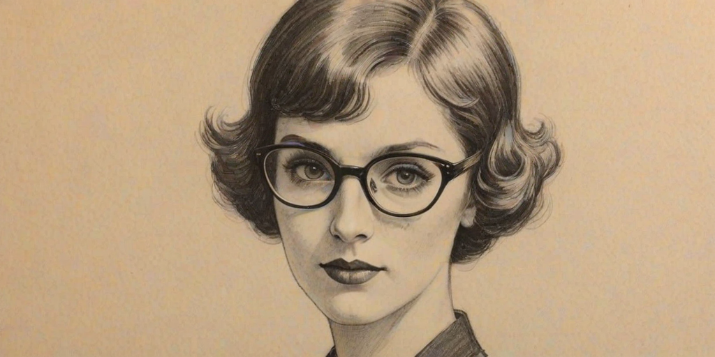 Appealing Kerry Bish', pencil sketch, portrait of Fascinating woman 1925s in glasses, hair style beatnik, outline, clear lines, fine lines, 8k