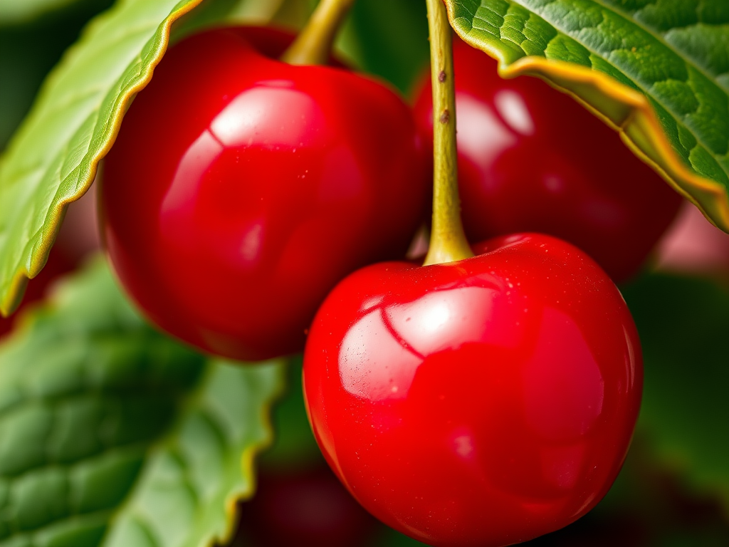 Generate a high-resolution image of two bright red cherries with green leaves, focus on vibrant colors and shiny surfaces, using a shallow depth of field, shot from a close-up angle with a DSLR camera, aperture set to f/2.8, ISO 100, and a focal length of 50mm.