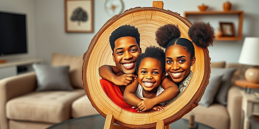 a wood slice with the image of a happy African American family with a father, a mother and a 5-year-old little girl. the mother has a pixie cut hairstyle, the father has close cut hair cut and the little girl has 2 afro puffs. the wood slice is propped up on an easel and displayed on an end table in a living room. Oil painting effect.