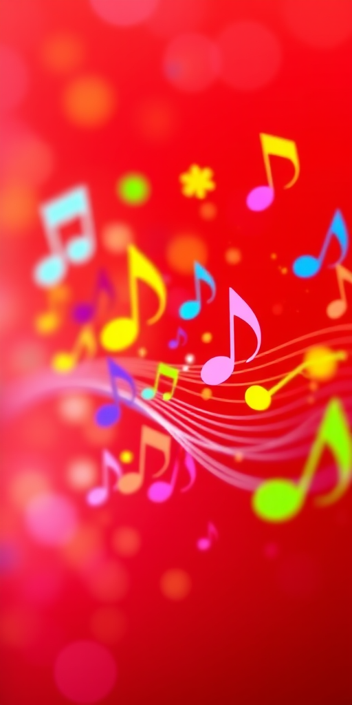 Create a vibrant abstract design featuring colorful music notes and symbols on a red background with a bokeh effect, using a DSLR camera with a 50mm lens, f/1.8 aperture, ISO 100, and a soft focus style to enhance depth and brightness.