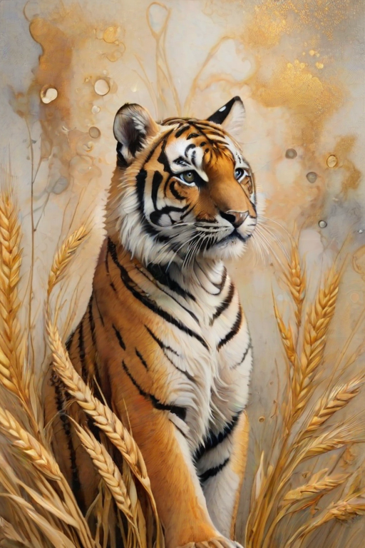 Soft, muted Alcohol Ink with ebru effect background image of tiny whimsical tiger, who climbed high on the top of a golden rye ear.