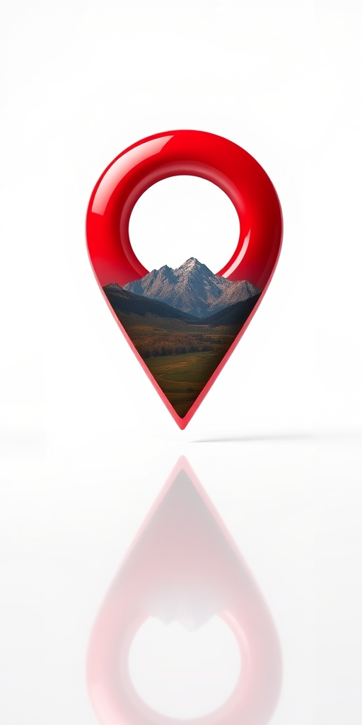 Create a large, glossy location pin icon against a white background, with a reflective surface and a scenic landscape inside the pin, captured with a DSLR camera at f/2.8, ISO 100, 50mm lens, shooting from a low angle with a soft focus effect.