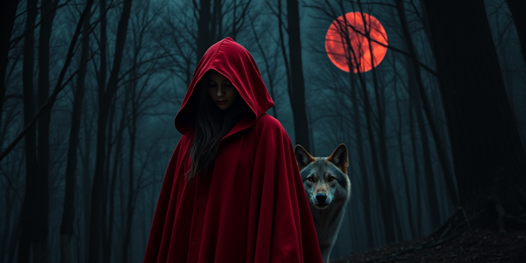 A mysterious woman in a red hooded cloak stands beside a wolf in a dark, eerie forest with a blood-red moon in the background, captured with a Canon EOS R5, 50mm lens, f/1.8, ISO 100, 1/200s, cinematic style, sharp focus and vibrant colors.