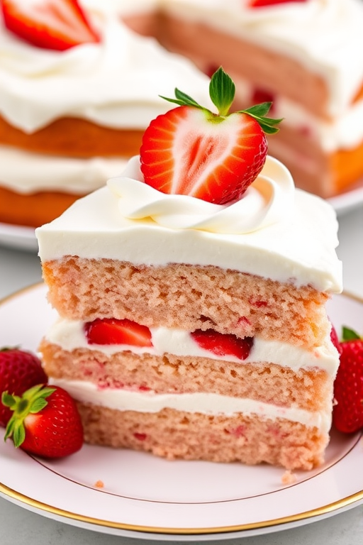 A delicious layered strawberry cake with whipped cream frosting topped with a fresh strawberry slice served on a white plate with a golden rim, with additional cake slices in the background.