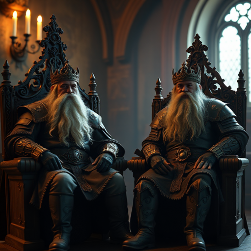 two ancient dwarven kings seated on ornate thrones in a dimly lit medieval hall, flickering candlelight illuminating their intricately detailed armor and long beards, soft focus background with muted colors, DSLR camera, f/1.8 aperture, 50mm lens, ISO 200, natural light, portrait orientation