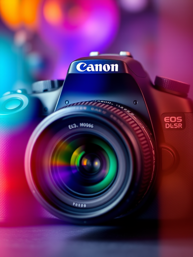 Create an artistic representation of a Canon EOS DSLR camera with a Canon lens, focus on vibrant colors and abstract patterns, use a shallow depth of field, ISO 100, f/2.8, shutter speed 1/125s, positioned at eye level with a macro lens effect.