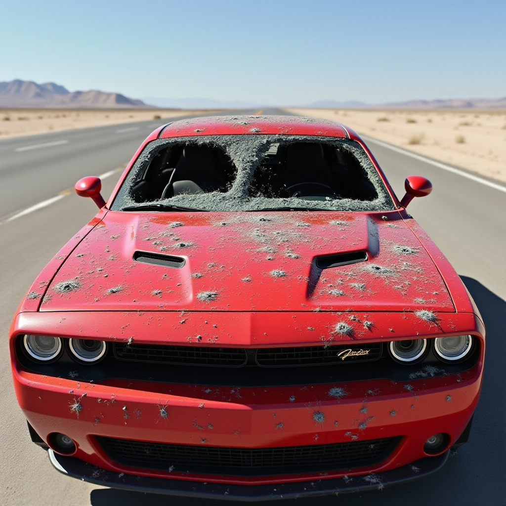 A red car riddled with bullet holes and shattered windows, parked under clear skies in an open area.