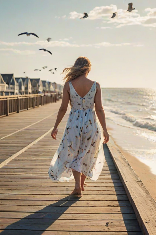 Sun-drenched boardwalk stretching along the coastline, with seagulls flying overhead and a woman in a summer dress walking barefoot, enjoying the ocean breeze.