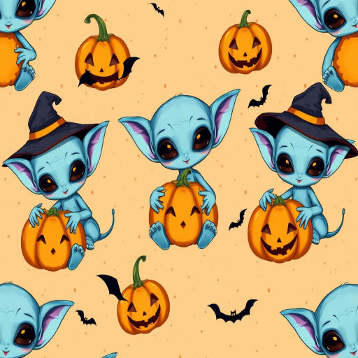 Create a seamless pattern featuring a cartoon character resembling an alien with large ears and blue skin interacting with pumpkins and wearing a witch hat. Include elements like smiling jack-o'-lanterns and small bats against a light orange speckled background.
