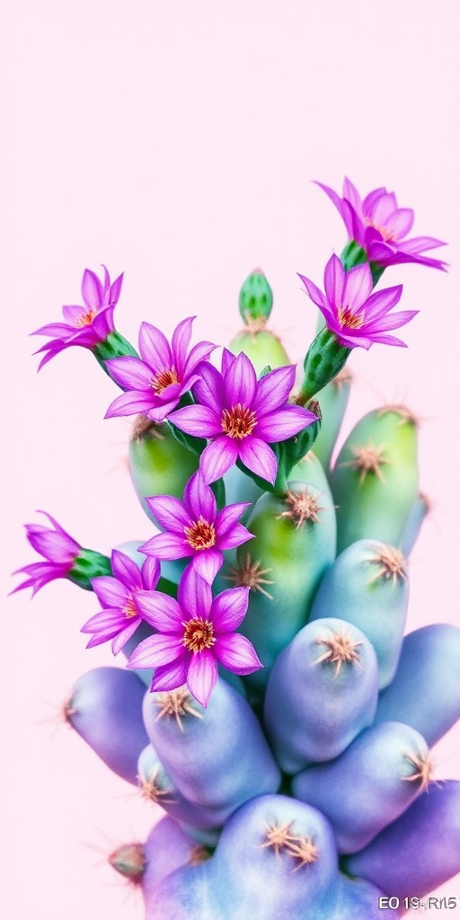 Create a vibrant watercolor painting of a cactus with rounded pads, adorned with blooming purple flowers, set against a soft pink background, capturing intricate details with a Canon EOS R5, 50mm lens, f/2.8 aperture, ISO 100, dynamic angle view for depth.