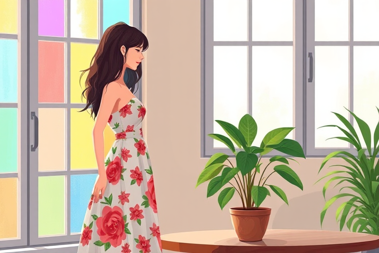 Generate an illustration of a woman in a floral dress standing next to a small plant on a table, with a large window in the background featuring colorful panes, use a digital art style, 50mm lens, f/4 aperture, and in a soft natural light setting.