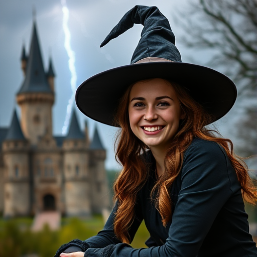 Create an image of a young woman wearing a witch costume with a large hat, smiling brightly while sitting near a castle, showcasing dramatic lightning in the background, shot with a 50mm lens at f/1.8 for shallow depth of field, using a Canon EOS R5, with vibrant colors and high contrast to enhance the magical atmosphere.
