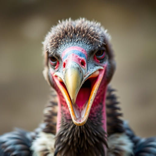 Capture a close-up portrait of a vulture with its beak open, shallow depth of field, using a DSLR camera, 85mm lens, f/1.8 aperture, ISO 200, 1/500 sec shutter speed, soft natural lighting, focusing on the texture of the feathers and vibrant colors in the beak.