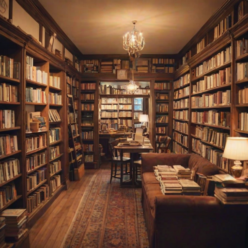 Soft-focus image of a charming bookstore with shelves filled with books, soft light illuminating cozy reading nooks and a welcoming atmosphere.