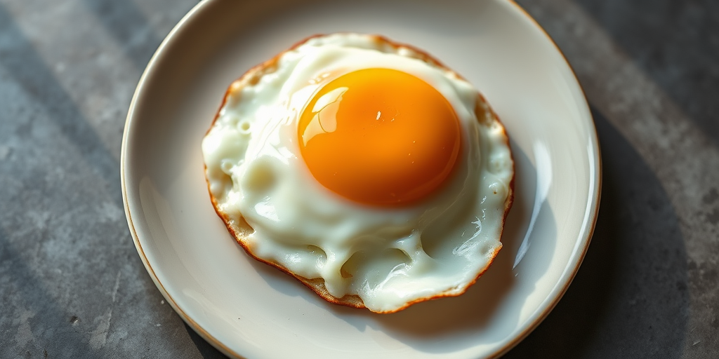 Create a realistic image of a sunny side up egg on a plate, captured with a 50mm lens at f/2.8, using a top-down view, natural lighting, and macro photography style for enhanced detail and texture.