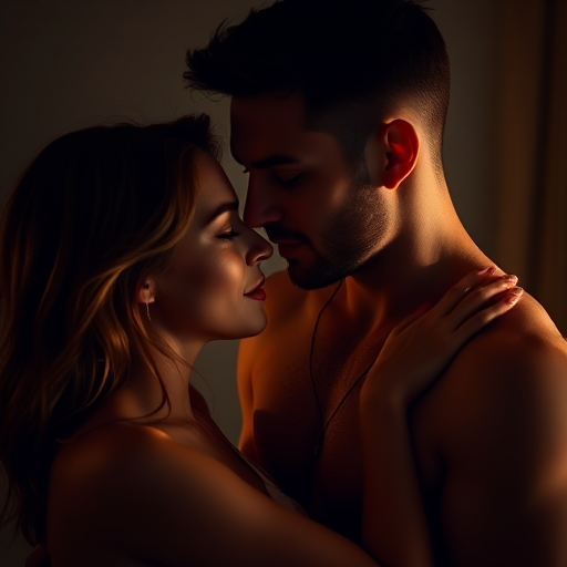 Generate a high-resolution image of a male and female model in an intimate pose, soft lighting, dramatic shadows, 85mm lens, aperture f/1.8, ISO 200, shallow depth of field, cinematic style, portrait orientation.