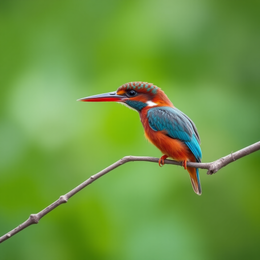 A vibrant kingfisher perched on a branch with a blurred green background, captured with a Canon EOS R5, 85mm lens, aperture f/2.8, ISO 200, shutter speed 1/250s, in soft focus style for enhanced detail and clarity.