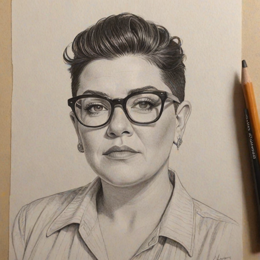 Superb Lea DeLaria, pencil sketch, portrait of Enchanting woman 1948s in glasses, hair style beatnik, outline, clear lines, fine lines, 8k